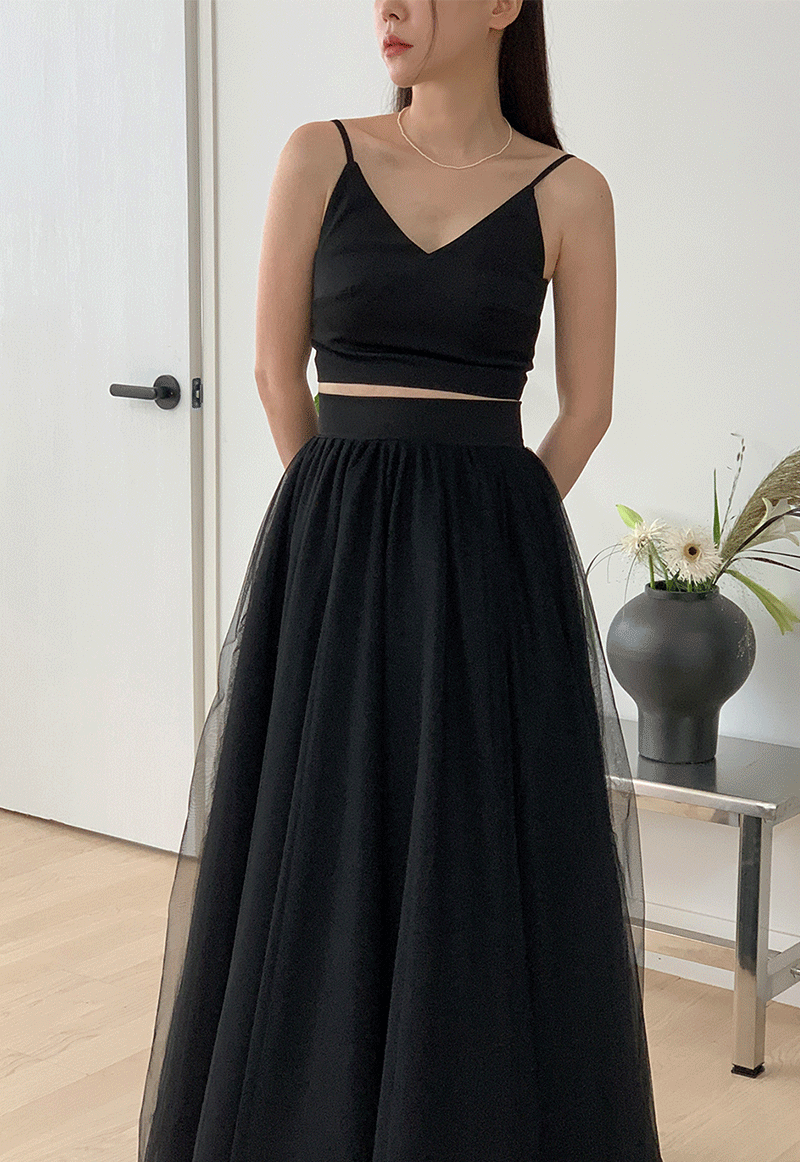 브이넥 투피스 튤 드레스