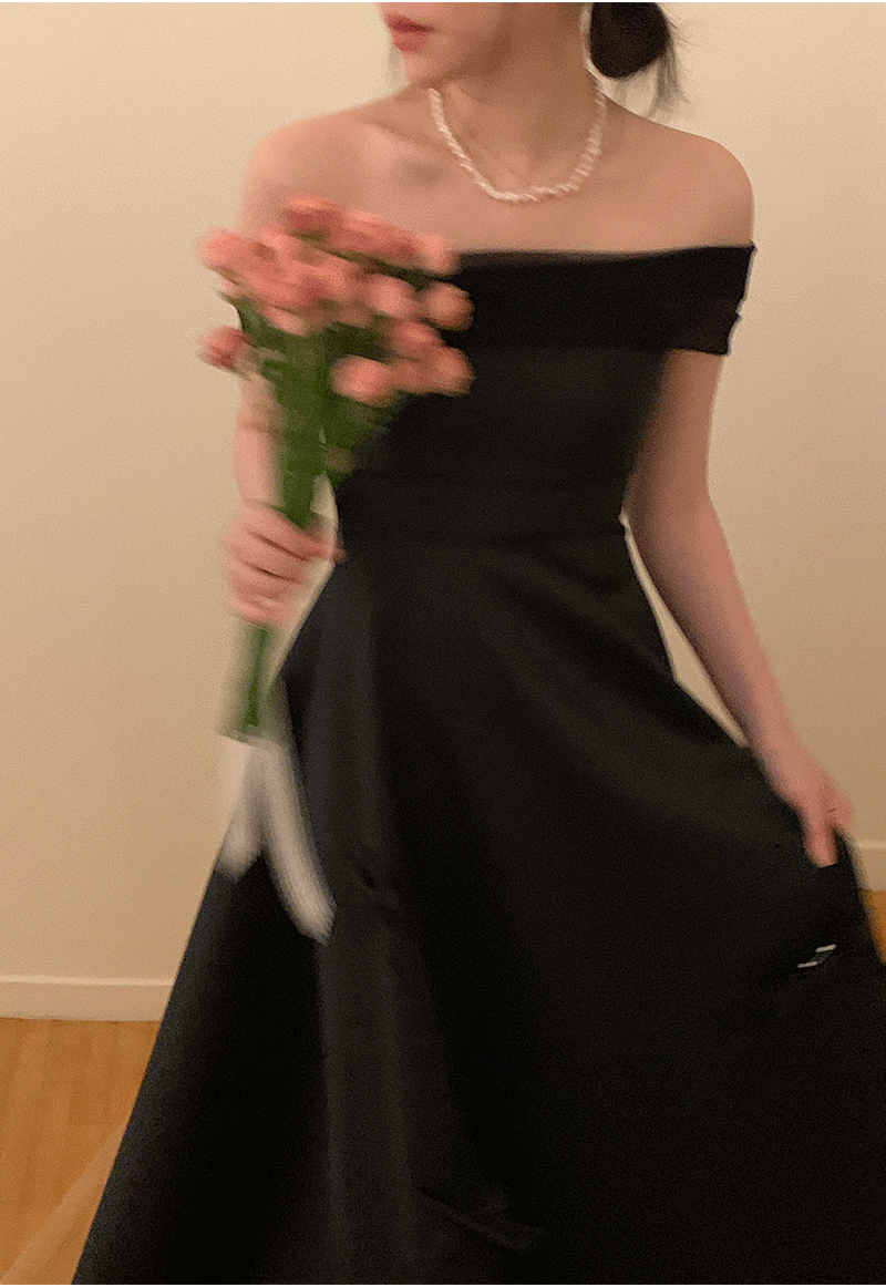 (Made) Mikado silk ribbon top black dress (리본 9pcs/시스루오프숄더)